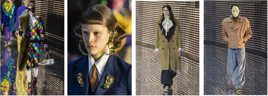 Premier look Gucci montrant un ensemble arlequin dans les tons de bleu, jaune, violet et orange avec un masque noir recouvrant ses yeux et portant à la fois une paire de sneakers à la main et un pan de fourrure sur le côté droit de son corps.
Sur la deuxième photo nous pouvons voir un mannequin aux larmes transparentes travaillées en 3D sous les yeux et aux boucles d'oreilles XXL dorées englobant toute l'oreille. Deux broches dorées en forme d'oreille sont également accrochées de chaque côté du col de sa veste bleu marine.
Le troisième look montre un mannequin portant un manteau long à col en V dévoilant le col de sa chemise lavalière en dentelle écrue.
Enfin la dernière silhouette est un mannequin portant un masque jaune pâle recouvrant entièrement son visage laissant seulement une petite ouverture pour les yeux, ainsi qu'une veste marron clair aux larges épaules et un jean également à la coupe large.