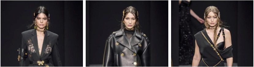 Les mannequins stars Kendall Jenner, Gigi et Bella Hadid arborant des barrettes dorées signées Versace de chaque côté de leur coiffure, rappelant les touches dorées de leur tenue noire et or.